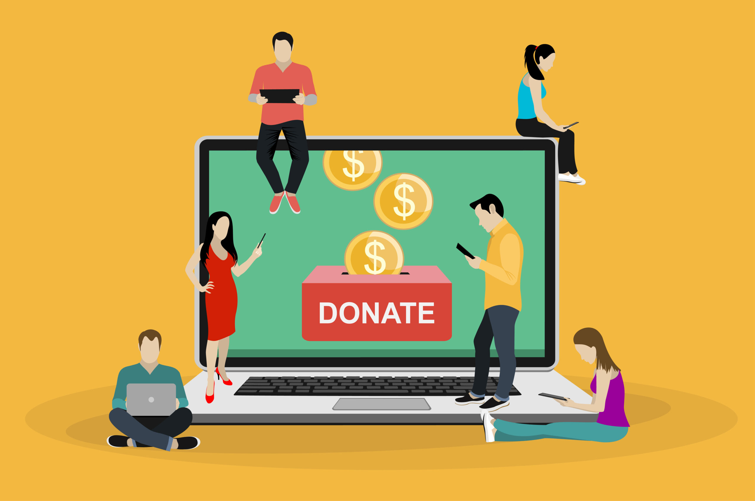 Donate online concept. Laptop with dollar money and donate box on screen. Young people using mobile gadgets such as smarthone, tablet pc and laptop to be donate money.  Flat vector illustration.